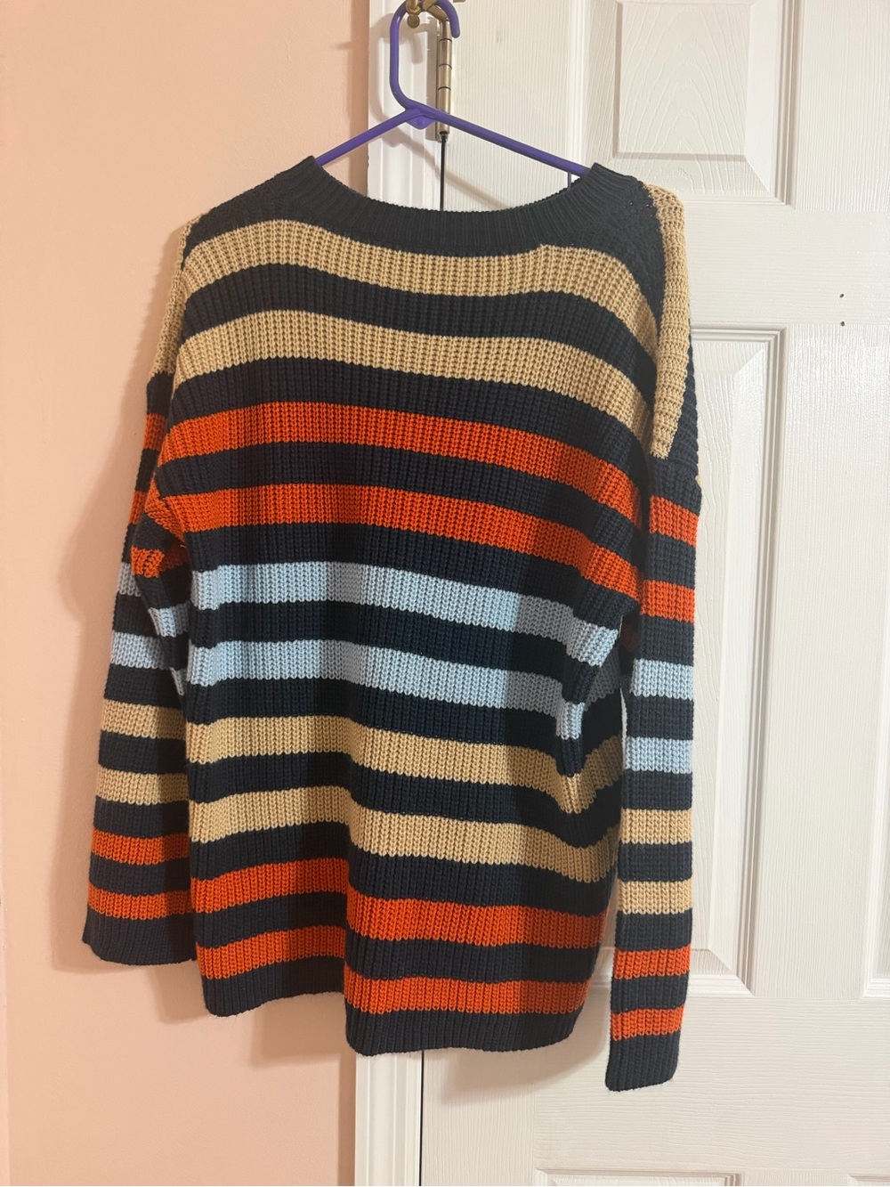 Striped Knit Pullover Sweater in Navy, Tan, Orange & Light Blue